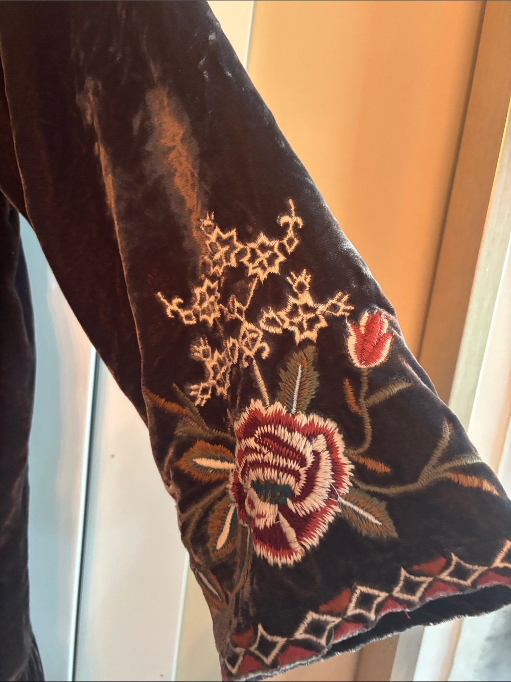 Kyla Seo Boho Embroidered Velvet Jacket - Chocolate Brown with Floral Accents - Picture 4 of 7